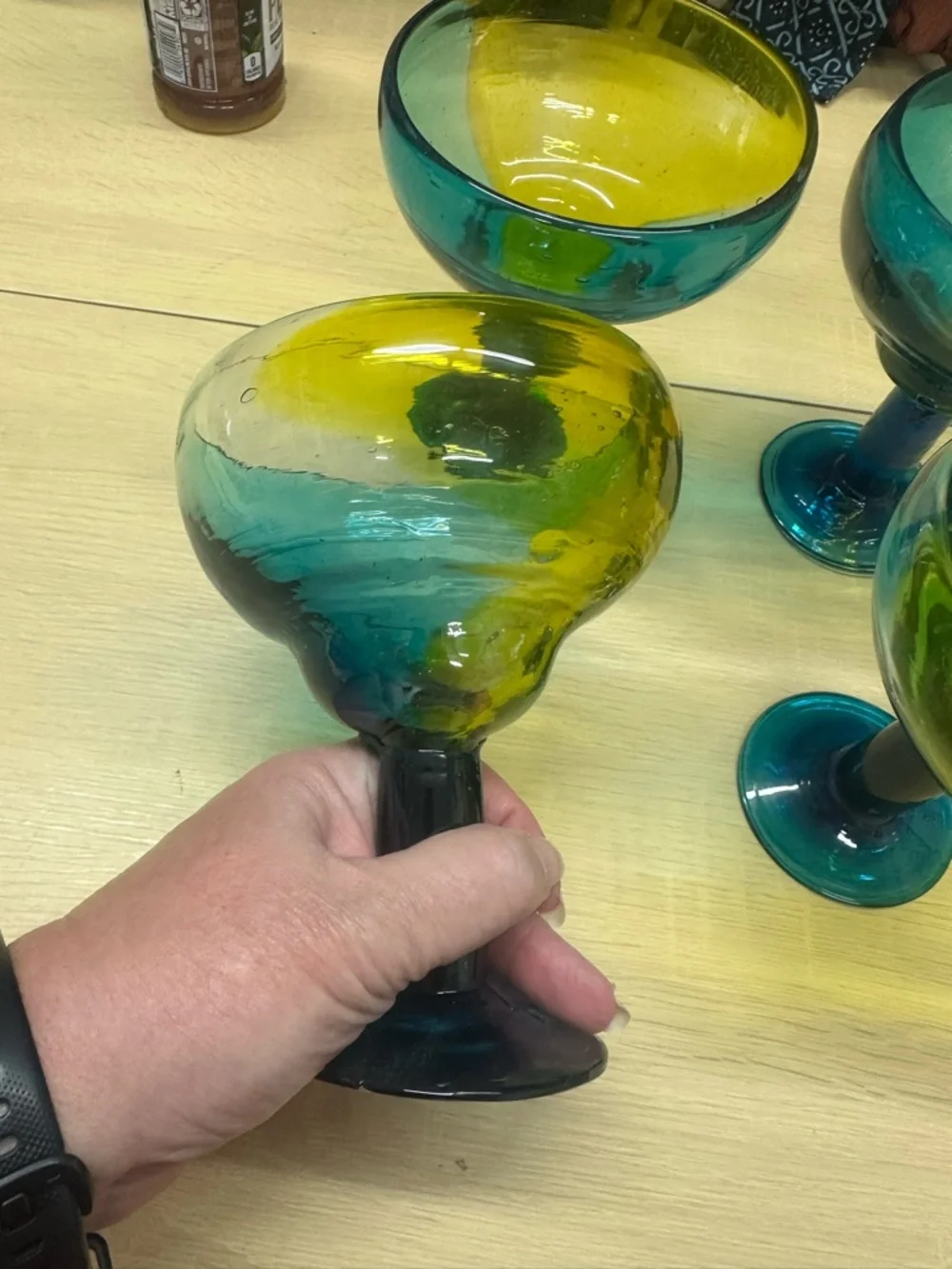 Crate & Barrel Salud Azul Blue, Green & Yellow Ombre Margarita Glasses Set 4